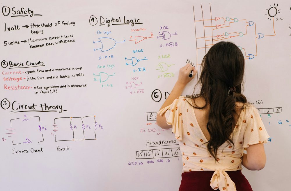 A data scientist sketching a model on a whiteboard