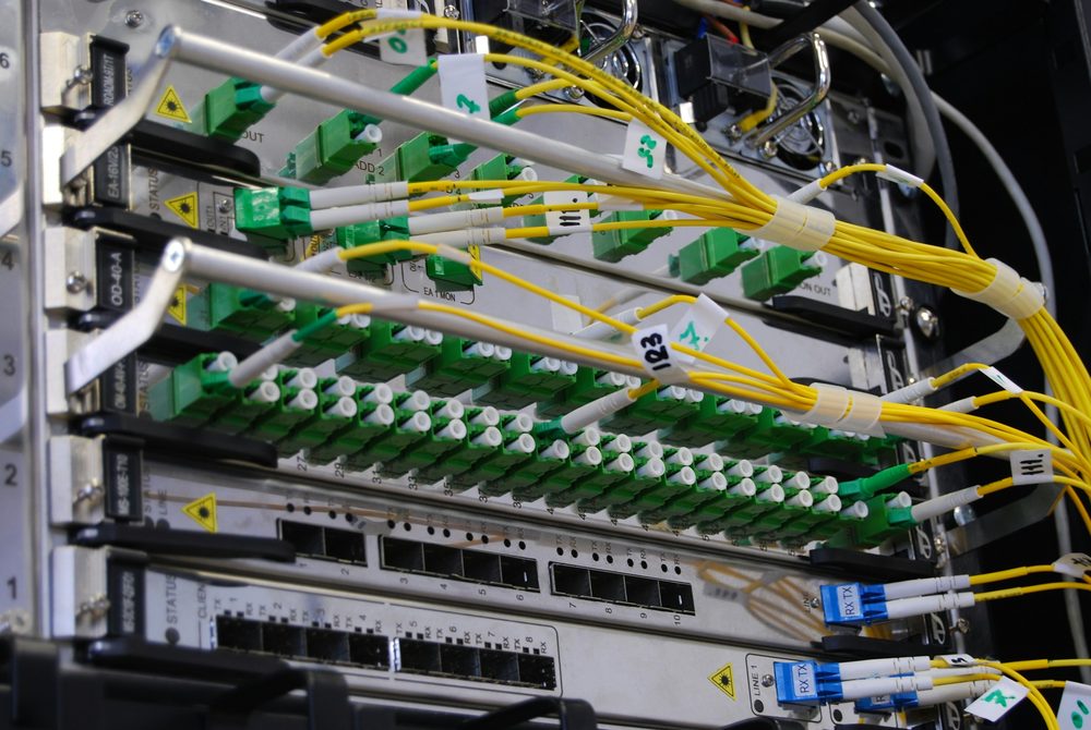 Network switches and fiber cables in a rack